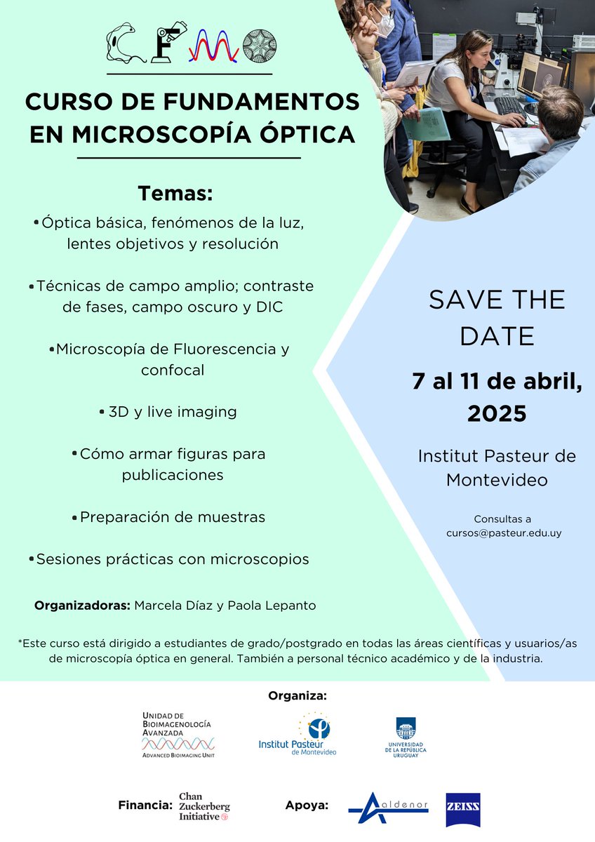 Marcela Díaz (@marceladiazf) on Twitter photo Save the date!! 2da edición: Curso de Fundamentos en Microscopía Óptica. 7 al 11 de abril, 2025. <a href="/IPMontevideo/">Institut Pasteur Montevideo</a> Próximamente más información con becas para la región. Save the date!! 2da edición: Curso de Fundamentos en Microscopía Óptica. 7 al 11 de abril, 2025. <a href="/IPMontevideo/">Institut Pasteur Montevideo</a> Próximamente más información con becas para la región.