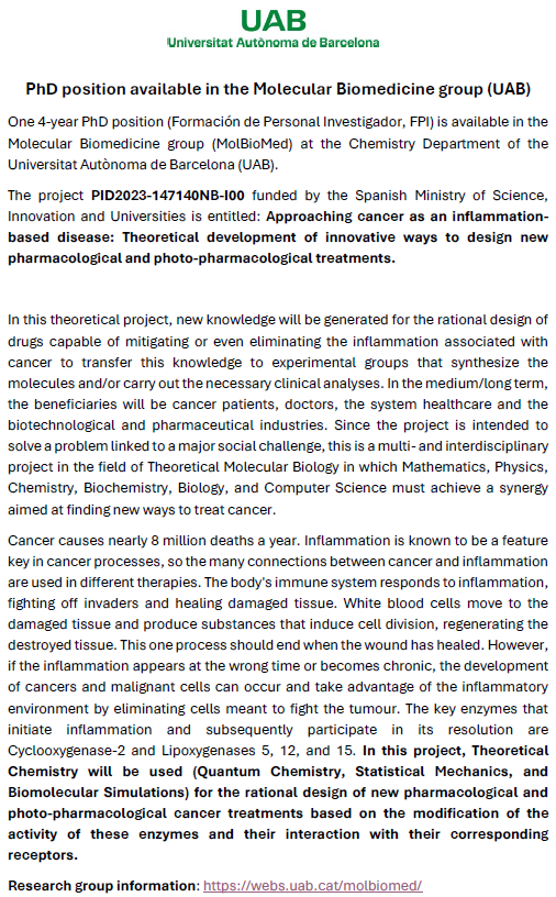 CompQuim's tweet image. 📢Job offer: PhD position (FPI) at Universitat Autónoma de Barcelona (UAB) (Prof. Àngels González-Lafont ). More info: tinyurl.com/4aye9j9u @qfuab #compchemp