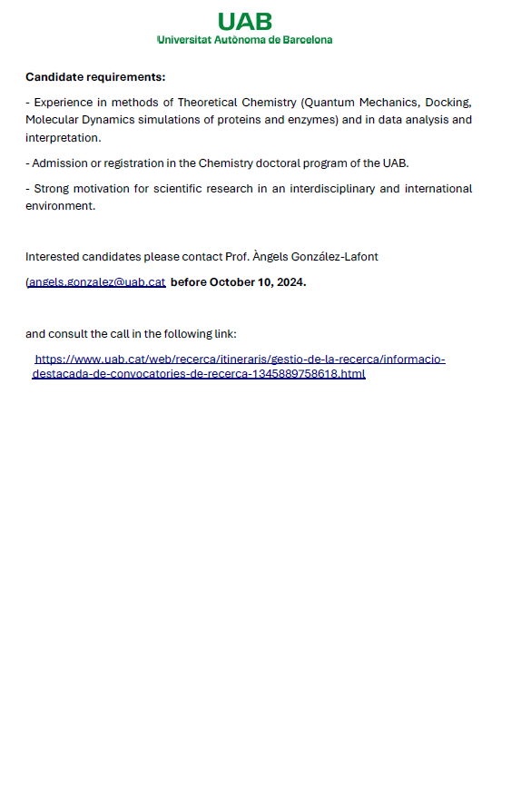 QuimComp (@compquim) on Twitter photo 📢Job offer: PhD position (FPI) at Universitat Autónoma de Barcelona (UAB) (Prof. Àngels González-Lafont ). More info: tinyurl.com/4aye9j9u <a href="/qfuab/">Unitat de Química Física - UAB</a> #compchemp 📢Job offer: PhD position (FPI) at Universitat Autónoma de Barcelona (UAB) (Prof. Àngels González-Lafont ). More info: tinyurl.com/4aye9j9u <a href="/qfuab/">Unitat de Química Física - UAB</a> #compchemp