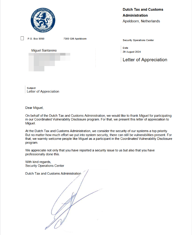 Thank you for the Letter of Appreciation <a href="/Belastingdienst/">Belastingdienst</a>