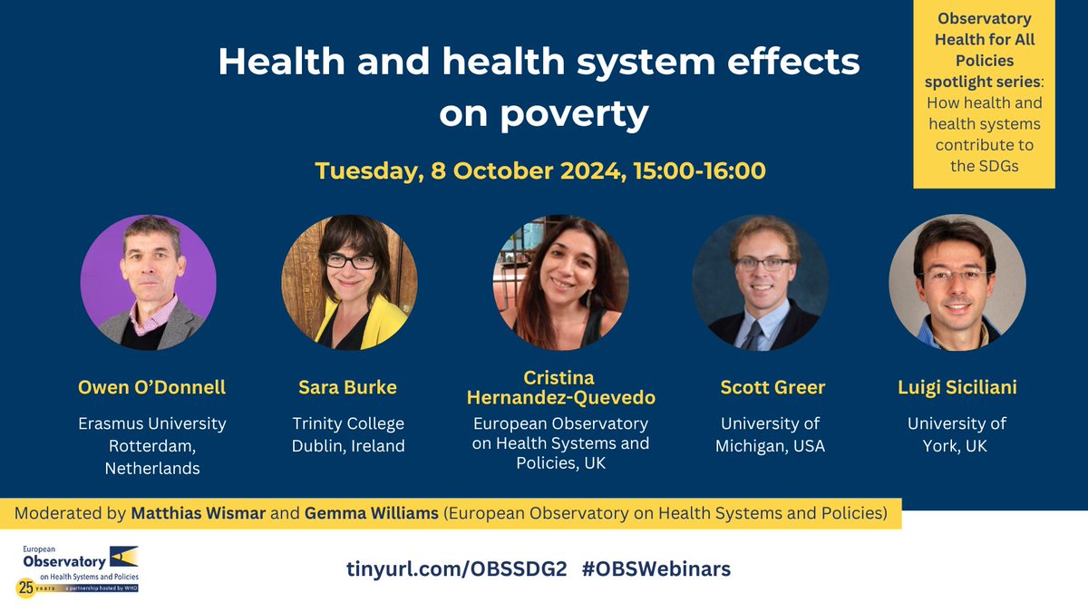 European Observatory on Health Systems & Policies (@obshealth) on Twitter photo #OBSWebinars: Does improving population health reduce poverty?
Join us for the next webinar in our Health for All Policies spotlight series to hear experts discuss👇
⌚Tuesday 8 October, 15:00 tinyurl.com/OBSSDG2 <a href="/scottlgreer/">Scott L. Greer 🇺🇦</a> #OBSWebinars: Does improving population health reduce poverty?
Join us for the next webinar in our Health for All Policies spotlight series to hear experts discuss👇
⌚Tuesday 8 October, 15:00 tinyurl.com/OBSSDG2 <a href="/scottlgreer/">Scott L. Greer 🇺🇦</a>