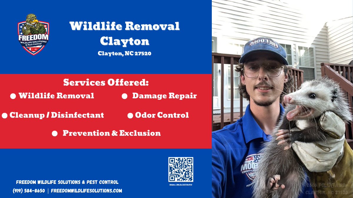 🦝 Wildlife causing trouble in Clayton? We’ve got the solution! 🦨

At Freedom Wildlife Solutions &amp; Pest Control, we offer wildlife removal, damage repair, cleanup, odor control, prevention, and more!

📞 (919) 584-8650
🌐 freedomwildlifesolutions.com
#WildlifeControl #ClaytonNC