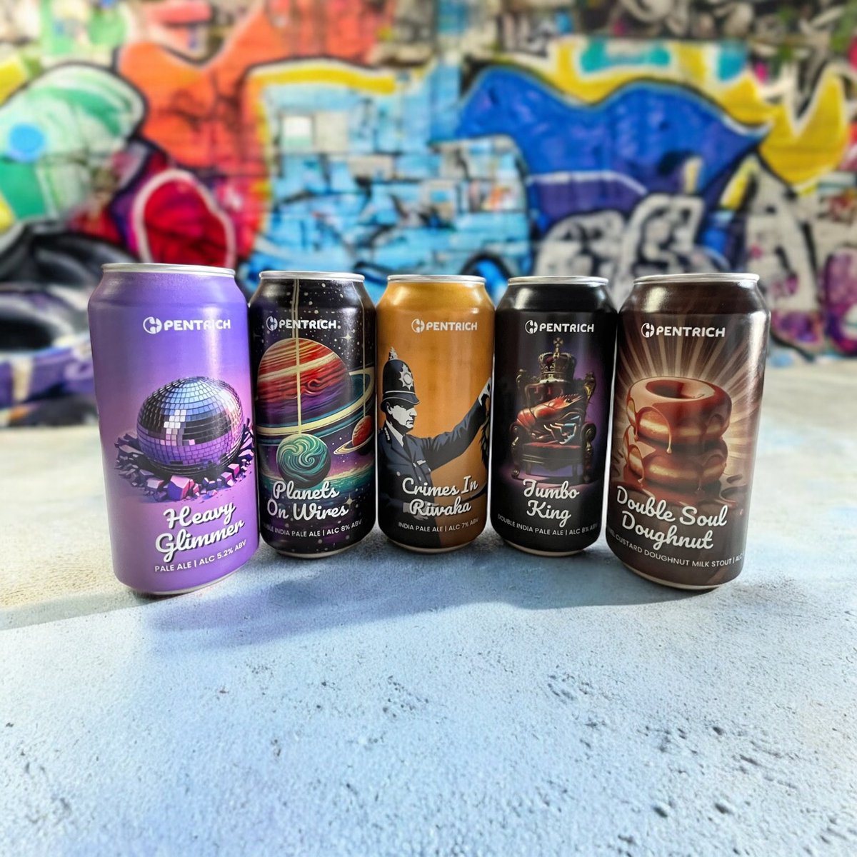 Our five latest cans are now available to buy on our webshop… 

🪩 HEAVY GLIMMER // 5.2% pale 
👮‍♂️ CRIMES IN RIWAKA // 7.0% ipa 
🍩 DOUBLE SOUL DOUGHNUT // 8% pastry milk stout
🦐 JUMBO KING // 8% dipa
🪐 PLANETS ON WIRES // 8% dipa