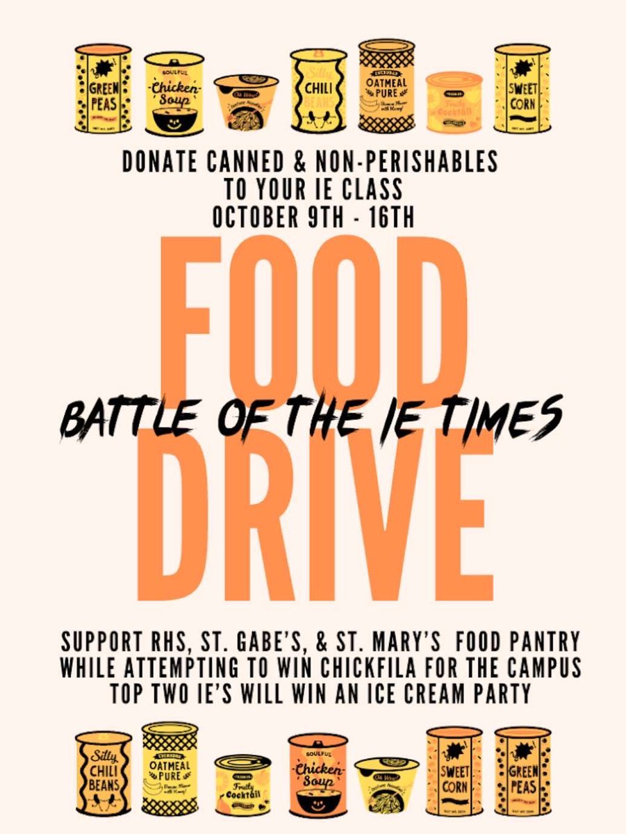SIDELEADERSHIP's tweet image. BATTLE OF THE IE TIMES!

Want to help stock the RHS, St. Gabe&apos;s, &amp;amp; St. Mary&apos;s Food Pantries, beat Mayfield in the Chick-fil-A food drive battle, win ice cream for your IE time, and have a chance to win Chick-fil-a for the whole campus?

Check you school email!