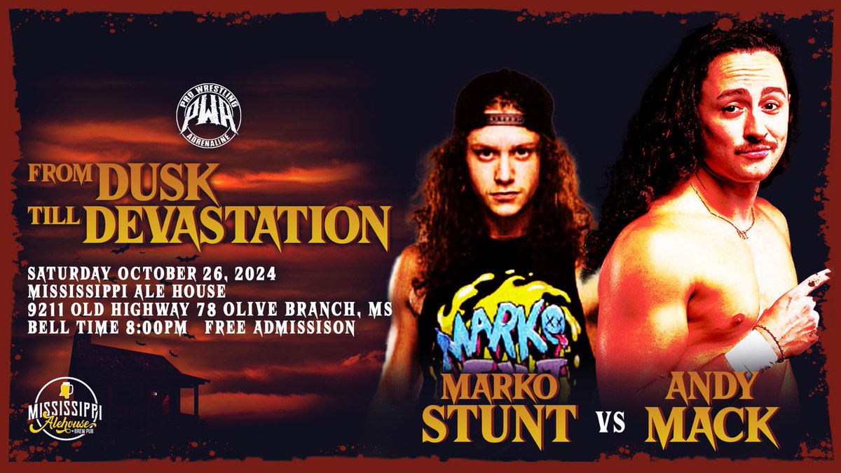 PWAdrenaline's tweet photo. Announced at the show last Saturday!

“From Dusk To Devastation”
Saturday, October 26th
FREE ADMISSION!

Already announced - @realmarkostunt vs Andy Mack

Be there for our biggest show yet, and stay tuned for more announcements! https://t.co/NiYdw3TN2S