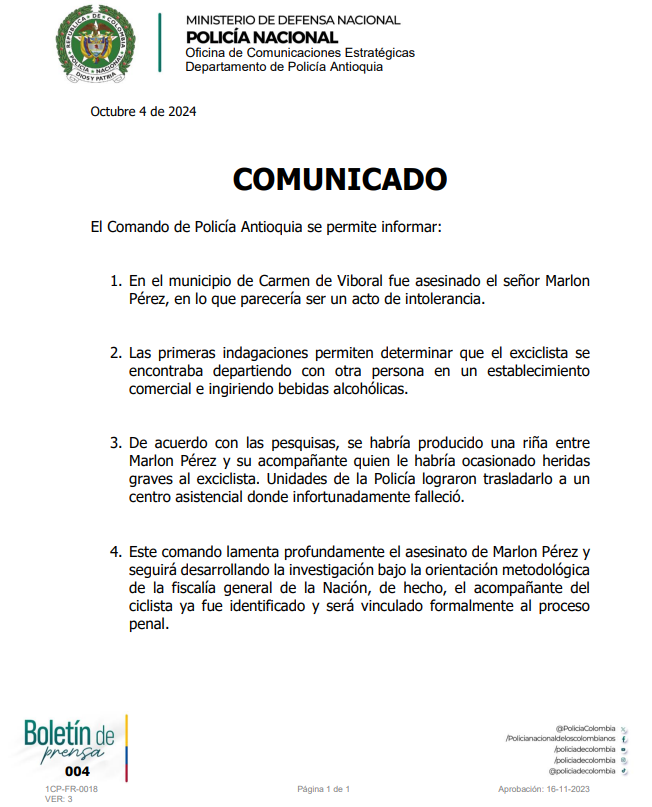 Policiantioquia's tweet photo. #Comunicado el Departamento de Policía Antioquia, se permite informar detalles de lo sucedido en el municipio de Carmen de Viboral donde resulto muerto el señor Marlon Pérez, exciclista profesional. https://t.co/UXW2088vv0