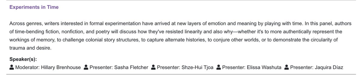 Hillary Brenhouse (@hbrenhouse) on Twitter photo So thrilled that this AWP panel on experiments in time across genres has been accepted — and excited to be in conversation with the brilliant <a href="/elissawashuta/">Elissa Washuta</a>, Jaquira Díaz, <a href="/sasha_fletcher/">sasha fletcher</a>, and @shzehuitjoa. Also, <a href="/elasticmag/">Elastic magazine</a> will debut in LA, holy shit. So thrilled that this AWP panel on experiments in time across genres has been accepted — and excited to be in conversation with the brilliant <a href="/elissawashuta/">Elissa Washuta</a>, Jaquira Díaz, <a href="/sasha_fletcher/">sasha fletcher</a>, and @shzehuitjoa. Also, <a href="/elasticmag/">Elastic magazine</a> will debut in LA, holy shit.