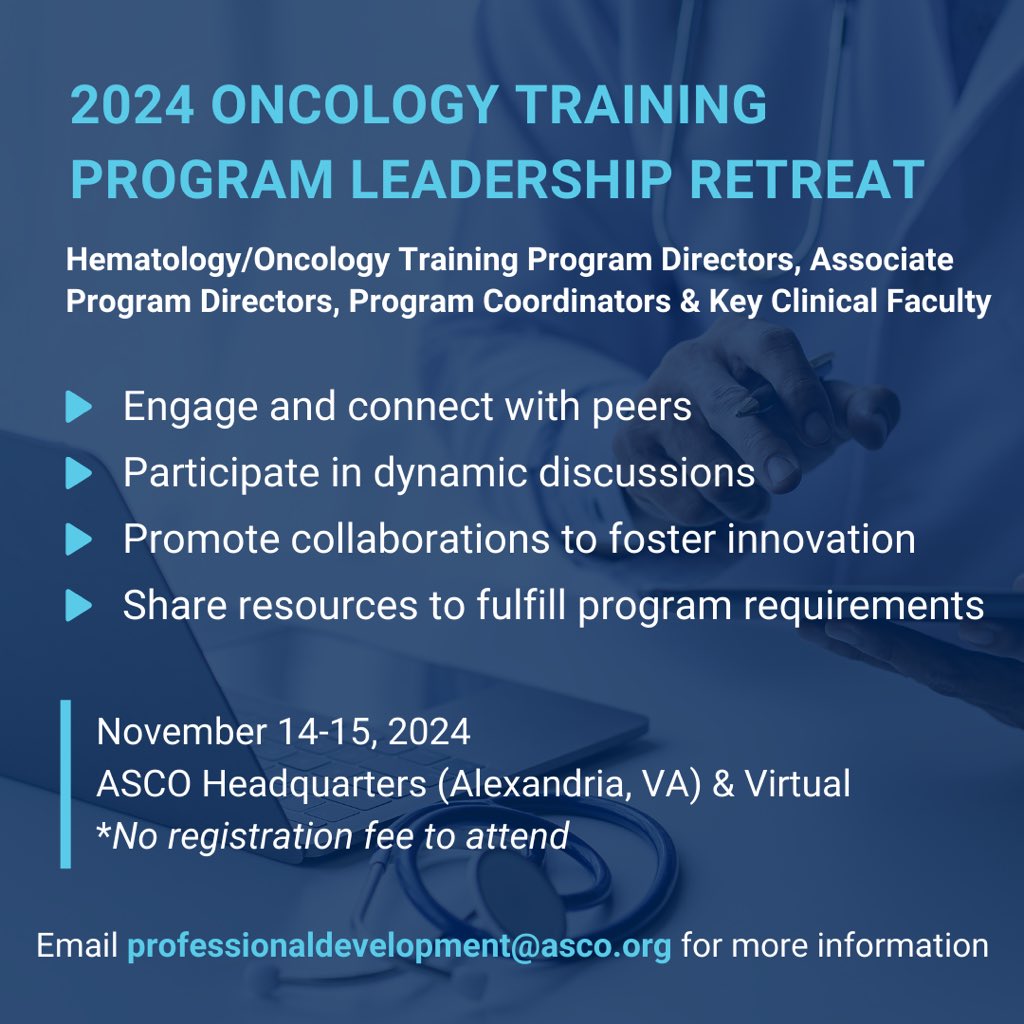 RManochakian's tweet photo. 📣🚨1/2 As a chair of @ASCO #OncologyTraining Programs Committee, & on behalf of committee members/staff, I’m inviting
#Hematology/#Oncology #Fellowship #ProgramDirectors, APDs, Coordinators, Key faculty to the 2024 #ASCO Training Program Leadership #Retreat on Nov 14-15.
👇🏼
https://t.co/dwlLWObrwl