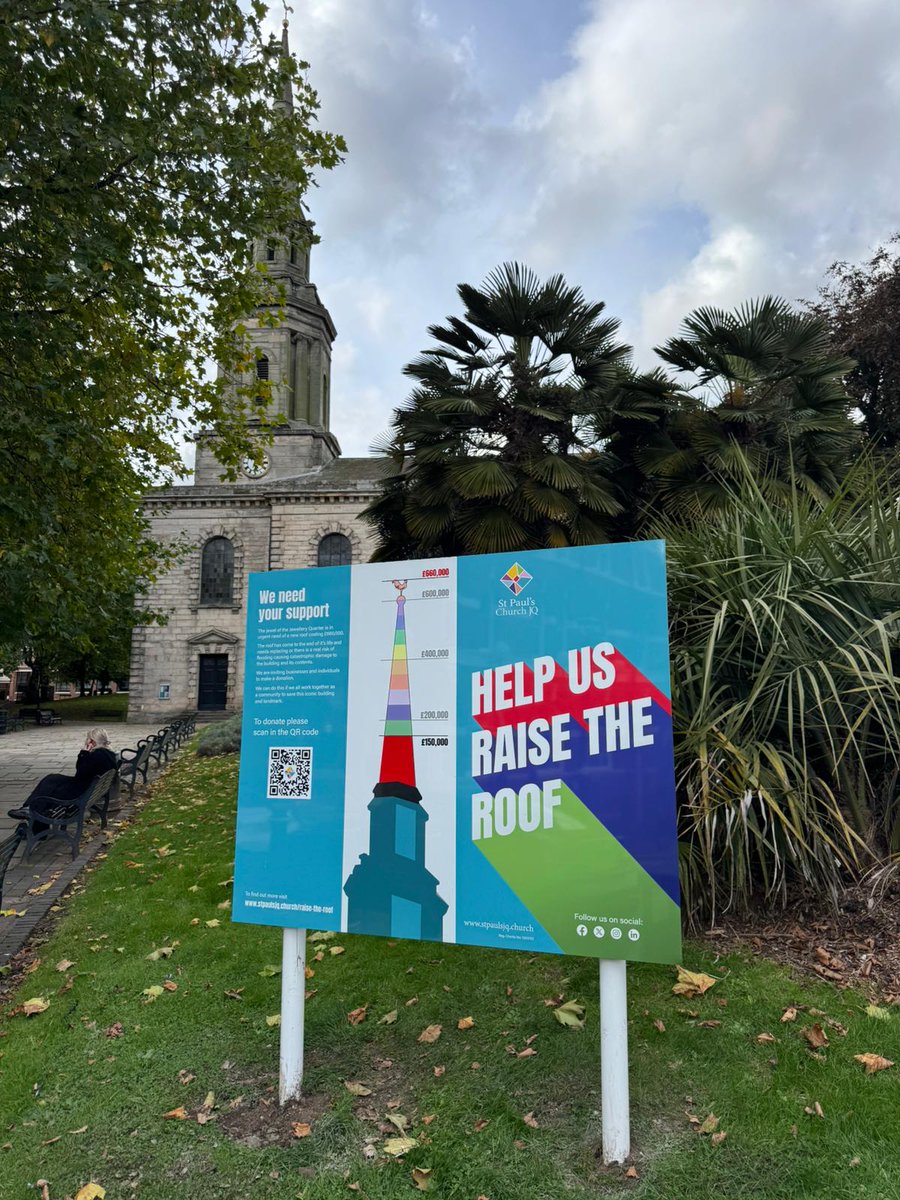 StPaulsChurchJQ's tweet photo. Brilliant to see the stunning #RaiseTheRoof boards gifted by @hwoodmonster now in place! Take a stroll through #StPaulsSquare and pause for a moment to read how you can help save our beloved #StPaulsChurch. 
Every bit counts! 🙌✨
#JQCommunity #JQHeritage #JQLife https://t.co/PEmzUBWdMx
