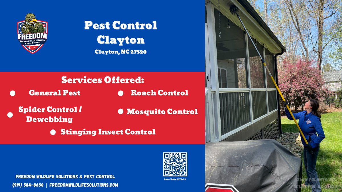 🕷️ Pest Control in Clayton, NC! 🦟

Freedom Wildlife Solutions &amp; Pest Control offers:

General Pest Control, Spider Control, Roach Control, Mosquito Control, &amp; Stinging Insect Control

📞 (919) 584-8650
🌐 freedomwildlifesolutions.com

#PestControl #ClaytonNC #FreedomWildlifeSolutions