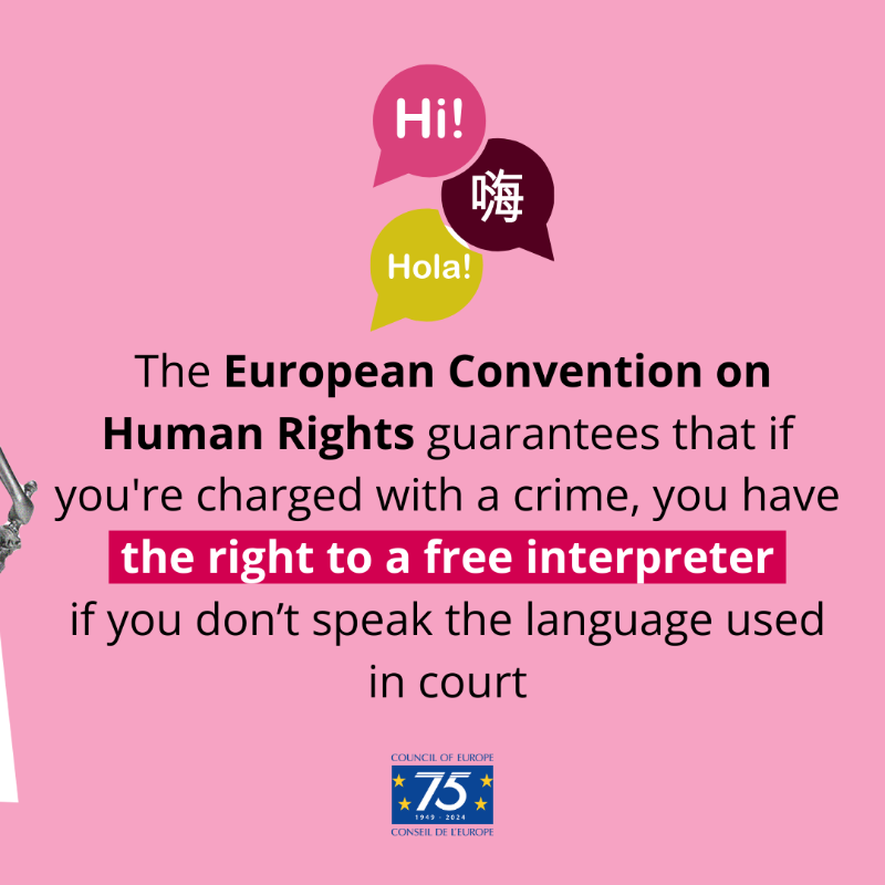 coe's tweet photo. 🌍 Language should never be a barrier to justice
As we celebrate #LanguageMonth, remember that the #ECHR guarantees you a free interpreter if you’re charged with a crime but don’t speak the language used in court.
Learn more 👇
@ECHR_CEDH #HumanRights #CouncilOfEurope