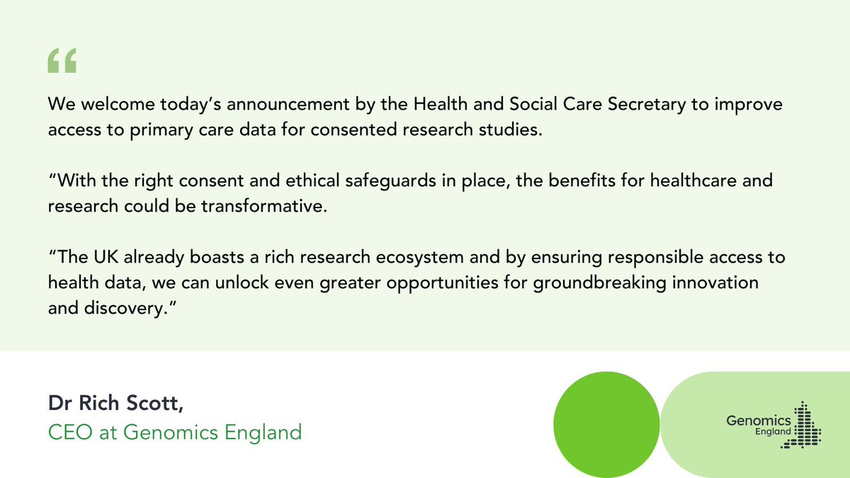 Genomics England (@genomicsengland) on Twitter photo We welcome today's announcement from Health and Social Care Secretary, Wes Streeting on improving access to primary care data for research. This will help to advance healthcare and research innovation.
Hear from our CEO Rich Scott👇
<a href="/Rich_Genomics/">Richard Scott</a> <a href="/wesstreeting/">Wes Streeting</a> We welcome today's announcement from Health and Social Care Secretary, Wes Streeting on improving access to primary care data for research. This will help to advance healthcare and research innovation.
Hear from our CEO Rich Scott👇
<a href="/Rich_Genomics/">Richard Scott</a> <a href="/wesstreeting/">Wes Streeting</a>