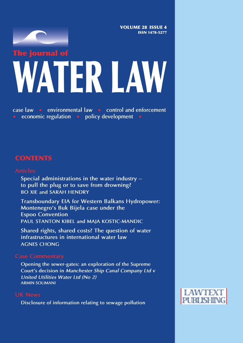 Lawtext Publishing Limited (@lawtextpub) on Twitter photo Journal of Water Law Vol 28 #4 – now online lawtext.com
Analysis of the SC’s decision in Manchester Ship Canal v United Utilities – Armin Solimani
#JWL <a href="/FTB_law/">Francis Taylor Building</a> #pollution #enviromentallaw #nuisance #remedies #watersector #waterregulation #waterwayspollution Journal of Water Law Vol 28 #4 – now online lawtext.com
Analysis of the SC’s decision in Manchester Ship Canal v United Utilities – Armin Solimani
#JWL <a href="/FTB_law/">Francis Taylor Building</a> #pollution #enviromentallaw #nuisance #remedies #watersector #waterregulation #waterwayspollution