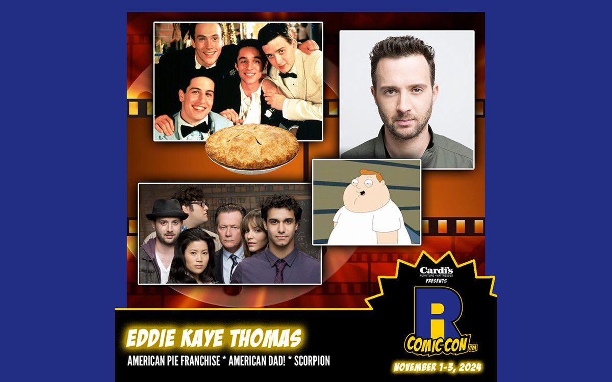 Please welcome Eddie Kaye Thomas to #RICC2024! Eddie is known for his role as Paul Finch in the #AmericanPie film series. Since 2005, he has voiced Barry Robinson on #AmericanDad! He also played Tobias Curtis on Scorpion &amp; Adam in The Marvelous Mrs. Maisel. Buy tickets now!