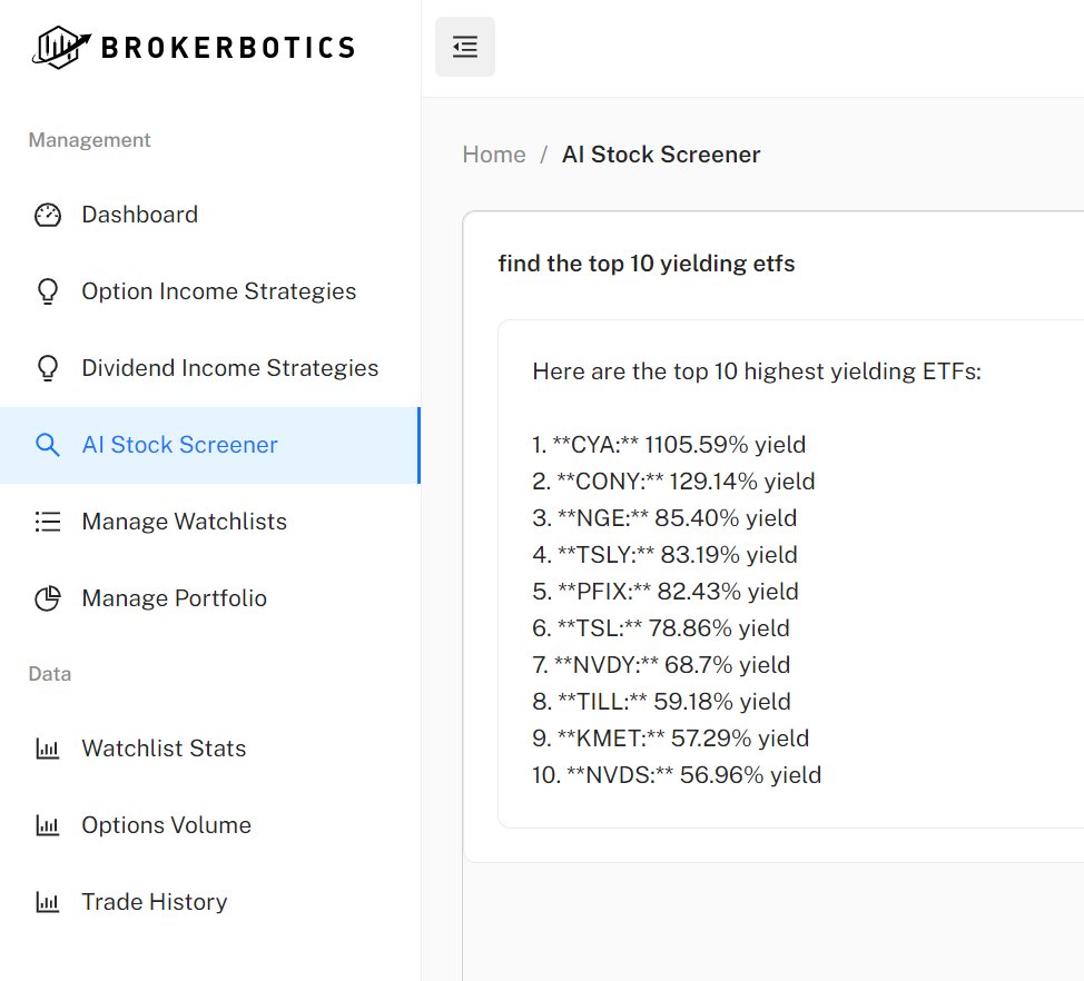 BrokerBotics's tweet photo. 🚀 We asked our AI to find the top 10 highest-yielding ETFs, and here’s the list it came up with:

ETF: yield
CYA: 1105.59%
CONY: 129.14%
NGE: 85.40%
TSLY: 83.19%
PFIX: 82.43%
TSL: 78.86%
NVDY: 68.7%
TILL: 59.18%
KMET: 57.29%
NVDS: 56.96%

Worth noting, most of these ETFs use options strategies under the hood to generate such high yields. What’s really cool is how easy it is to get this kind of info just by asking an AI, compared to traditional screeners like this one on Yahoo! Finance (https://t.co/JoCtKnvkXJ). 

🔍 I’d never heard of CYA, so I did a little research—it’s currently trading at $0.50, with a 52-week range of $0.07 to $185! 😮

📈 Are you invested in any of these funds? Let me know your thoughts!

#Investing #ETFs #Finance #AI #Yield #Options #Income