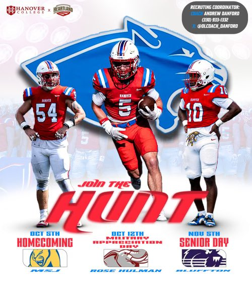 Andrew Danford (@dlcoach_danford) on Twitter photo 1⃣ Day separates us from our Homecoming Game & kicking off Conference play vs. MSJ‼️ Come witness the Panthers live in action tomorrow as they welcome the Lions‼️
Kickoff 1:30pm @ Alumni Stadium #JoinTheHunt #Hunt4Greatness <a href="/HanoverFTBL/">Hanover Football</a> 🔴⚪️🔵 1⃣ Day separates us from our Homecoming Game & kicking off Conference play vs. MSJ‼️ Come witness the Panthers live in action tomorrow as they welcome the Lions‼️
Kickoff 1:30pm @ Alumni Stadium #JoinTheHunt #Hunt4Greatness <a href="/HanoverFTBL/">Hanover Football</a> 🔴⚪️🔵