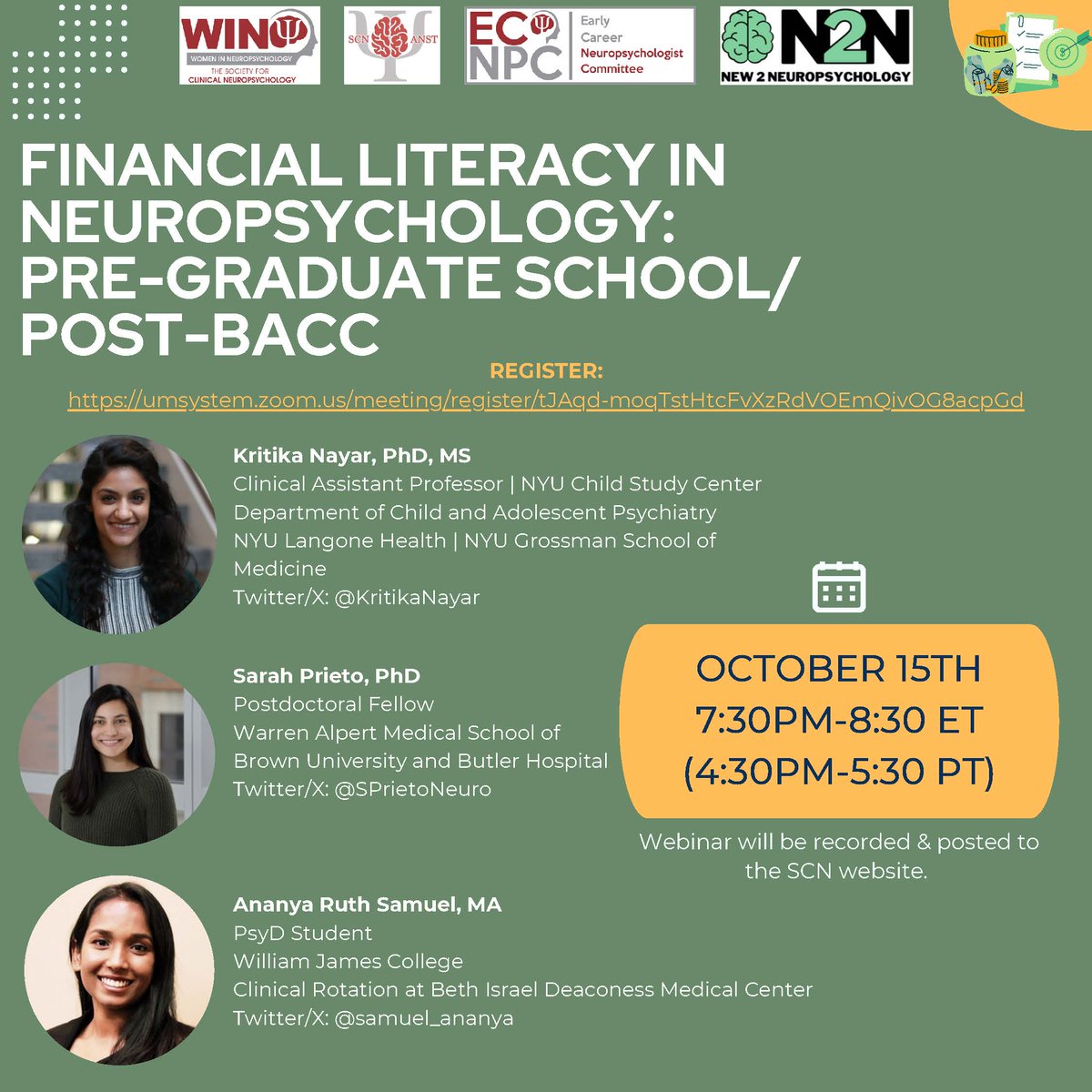New2Neuropsychology (@new2neuropsych) on Twitter photo 🌟 Coming up next in the Financial Literacy in #Neuropsychology series! 💸
Don't miss <a href="/KritikaNayar/">Kritika Nayar</a>, <a href="/SPrietoNeuro/">Sarah Prieto</a>, and <a href="/samuel_ananya/">Ananya Samuel</a> discuss financial literacy during pre-grad school/post-bacc on Oct 15th, 7:30 PM ET! 🧑🎓
Register here ➡️ tinyurl.com/FLinNP 🌟 Coming up next in the Financial Literacy in #Neuropsychology series! 💸
Don't miss <a href="/KritikaNayar/">Kritika Nayar</a>, <a href="/SPrietoNeuro/">Sarah Prieto</a>, and <a href="/samuel_ananya/">Ananya Samuel</a> discuss financial literacy during pre-grad school/post-bacc on Oct 15th, 7:30 PM ET! 🧑🎓
Register here ➡️ tinyurl.com/FLinNP