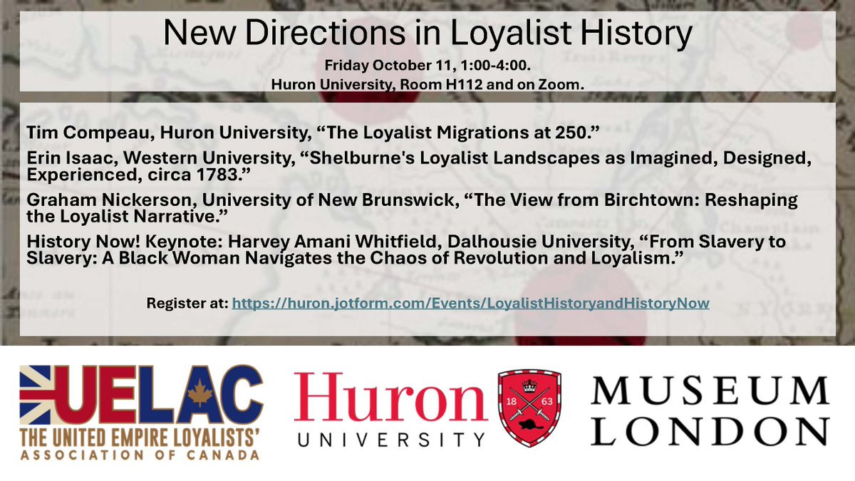 Tim Compeau (@timcompeau) on Twitter photo I hope you’ll join us Friday Oct. 11 from 1:00 to 4:00 at Huron University (and Zoom) for an afternoon exploring Loyalist history in Canada. With keynote speaker Harvey Amani Whitfield <a href="/huronuni/">Huron University</a> <a href="/HistoryHuron/">Huron History Dept & Community History Centre</a> <a href="/uelac/">UELAC</a>
Register at: tinyurl.com/4skjch3f I hope you’ll join us Friday Oct. 11 from 1:00 to 4:00 at Huron University (and Zoom) for an afternoon exploring Loyalist history in Canada. With keynote speaker Harvey Amani Whitfield <a href="/huronuni/">Huron University</a> <a href="/HistoryHuron/">Huron History Dept & Community History Centre</a> <a href="/uelac/">UELAC</a>
Register at: tinyurl.com/4skjch3f