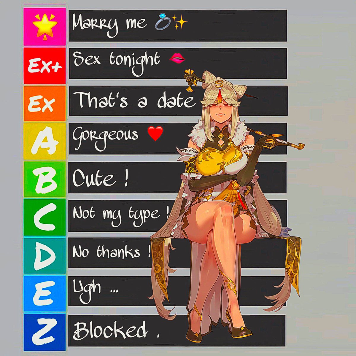 " I think I do not have to explain the rule for this one.  

Just leave me a picture of yourself down there and I will say how I feel about you. "  

❤️ + ♻️+🖼️for a rating.
 EX+ and above can win a follow and a DM pass!