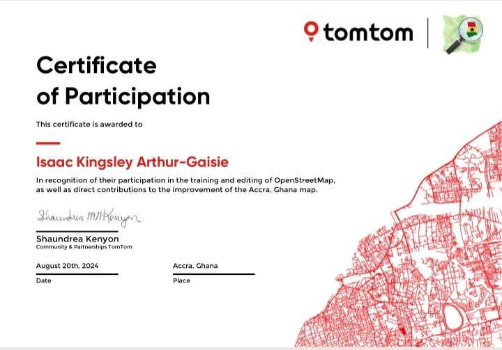 I am excited to receive my certificate from <a href="/TomTom/">TomTom</a>  for my contributions to Accra Speed Limit Mapping.

I am proud to be part of the YouthMappers community!
 
#AccraSpeedLimitMapping #YouthMappers 
#knustyouthmappers 
#osmghana