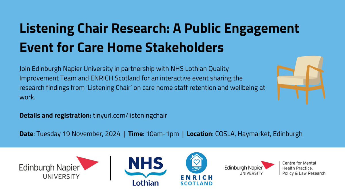 Centre for Mental Health Practice Policy&Law Rsrch (@enumentalhealth) on Twitter photo 📅 Join us on Nov 19th for a public engagement event with <a href="/NHS_Lothian/">NHS Lothian</a> & @ENRICHScotland!
We'll share key findings from the 'Listening Chair' research on #CareHome staff retention and wellbeing.
📍Details & registration on Ticket Tailor, link here: tinyurl.com/listeningchair 📅 Join us on Nov 19th for a public engagement event with <a href="/NHS_Lothian/">NHS Lothian</a> & @ENRICHScotland!
We'll share key findings from the 'Listening Chair' research on #CareHome staff retention and wellbeing.
📍Details & registration on Ticket Tailor, link here: tinyurl.com/listeningchair