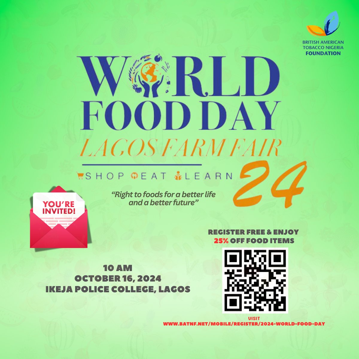 From farm to your plate! Come celebrate World Food Day- Lagos Farm Fair. You are invited to join us on 16th Oct, 2024 at the Lagos Farm Fair. Register for free and enjoy 25% off selected food items. Don't forget to share and invite your friends to be a part of the event.