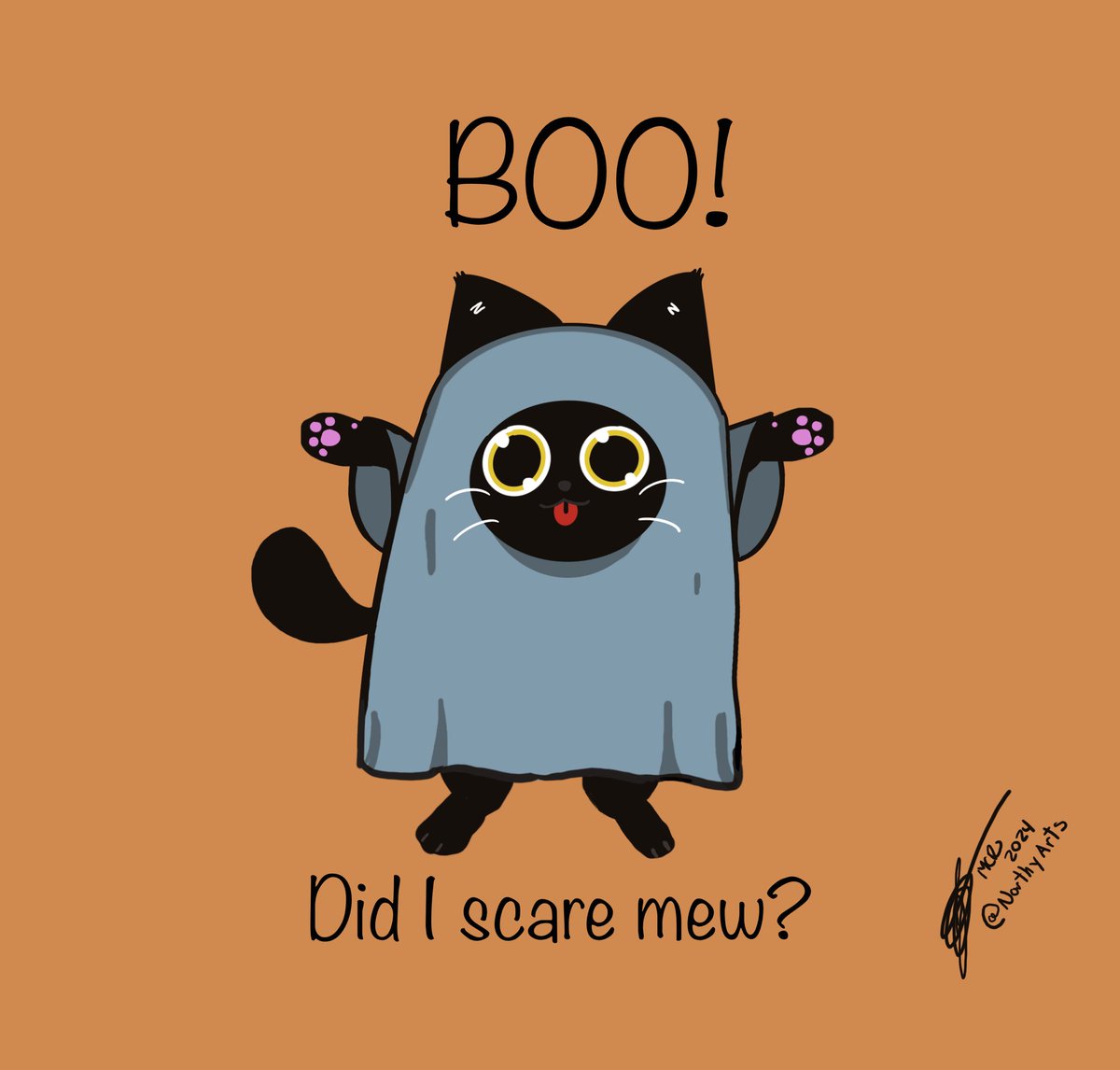 NorthyArts's tweet photo. Despite how stressful October can be for me at work, this is my favorite time of the year 🍂🍁Have a ghost cat to celebrate! You can buy this little one as a sticker with or without the quote on my redbubble!) #halloween #fall #halloween2024 #drawing #digitalart #redbubble #cute https://t.co/yRNvlmYt0m