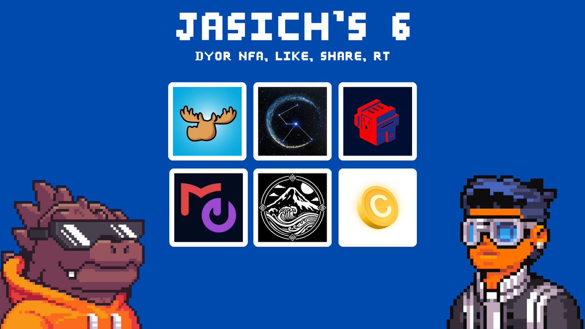 thejasich's tweet photo. 27 now! Thank you for all the wishes everyone! 🔥

Here is Jasich 6 !  Bookmark it and start gettin the spots!

1. @doyoumoose 

Baby moose is a collection of 4000 mini moose on the Ethereum Blockchain. This is the secondary collection of the Genesis collection of DoYouMoose that consists of 777 NFT's on the Eth blockchain, which came out June 3 this year and has 30x since then.  The team is based out of Zug, Switzerland and has been building this for almost 3 years and is excited to accompany the genesis collection with a deflationary supply of 4000 lovely baby moose.
The baby moose love being surprised with luxurious gifts and experiences Expect the unexpected! 

Supply: 4000
Mint Price: 0.025
Chain: ETH
Contact: @TheOnlyWidow 

2. @CosmosX_btc 

GLYPHS EMERGING FROM BEYOND…

IN THE DEPTHS OF COSMOSX, A MESSAGE ECHOES:

Supply: 144
Mint Price: TBD
Chain: BTC
Contact: @pinky2000112 

3.@PlugmanNFT 

Plugman is an experimental art project focused on developing an IP centered around composability and interoperability. It features a multi-chain NFT collection officially backed by ZetaChain and holds the distinction of being the first NFT project to receive the Zetachain Grant. Its concept has been brewing for over two years and after the artists' long-term patient efforts, it has finally formed a complete and highly artistic worldview.

Supply: 333
Mint Price: TBD
Chain: Zetachain
Contact: @0xRohitz 

4. @megaplofficial 

Purple Labs introduces the first unique blockchain lottery game. Our vision is clear - be ready to join us at any time!

Supply: Low
Mint Price: Free
Chain: TBD
Contact: @LittleJoker9999 

5. @AmaterasuSekai 

Amaterasu is the first DN404 project supported by Asterix, with the goal to introduce a new narrative and benchmark for the native NFT space.

The Aptos ecosystem presents a plethora of opportunities to be discovered, and we plan to elevate the entire Aptos culture as a whole.

Supply: 10,000
Mint Price: TBD
Chain: Aptos
Contact: @HugeMongooose 

6. @CoinFlipsTG 

No-KYC GambleFi Built on Telegram, Deposit $ETH $SOL $TON & Instant Withdraws !Team is Ex Google and Microsoft. Execs at billion dollar companies millions of followers at last companies. Built 8 figure profit crypto companies in the past.Owners of some of the biggest esports companies in the world. Worked with, Adidas, Nike, Etoro, JP Morgan, OpenSea, Amazon, Ebay, Binance. LPs are Backed by private VCs & notable angel investors

Supply: 200
Mint Price: Free
Chain: TBD
Contact: @yuji_big