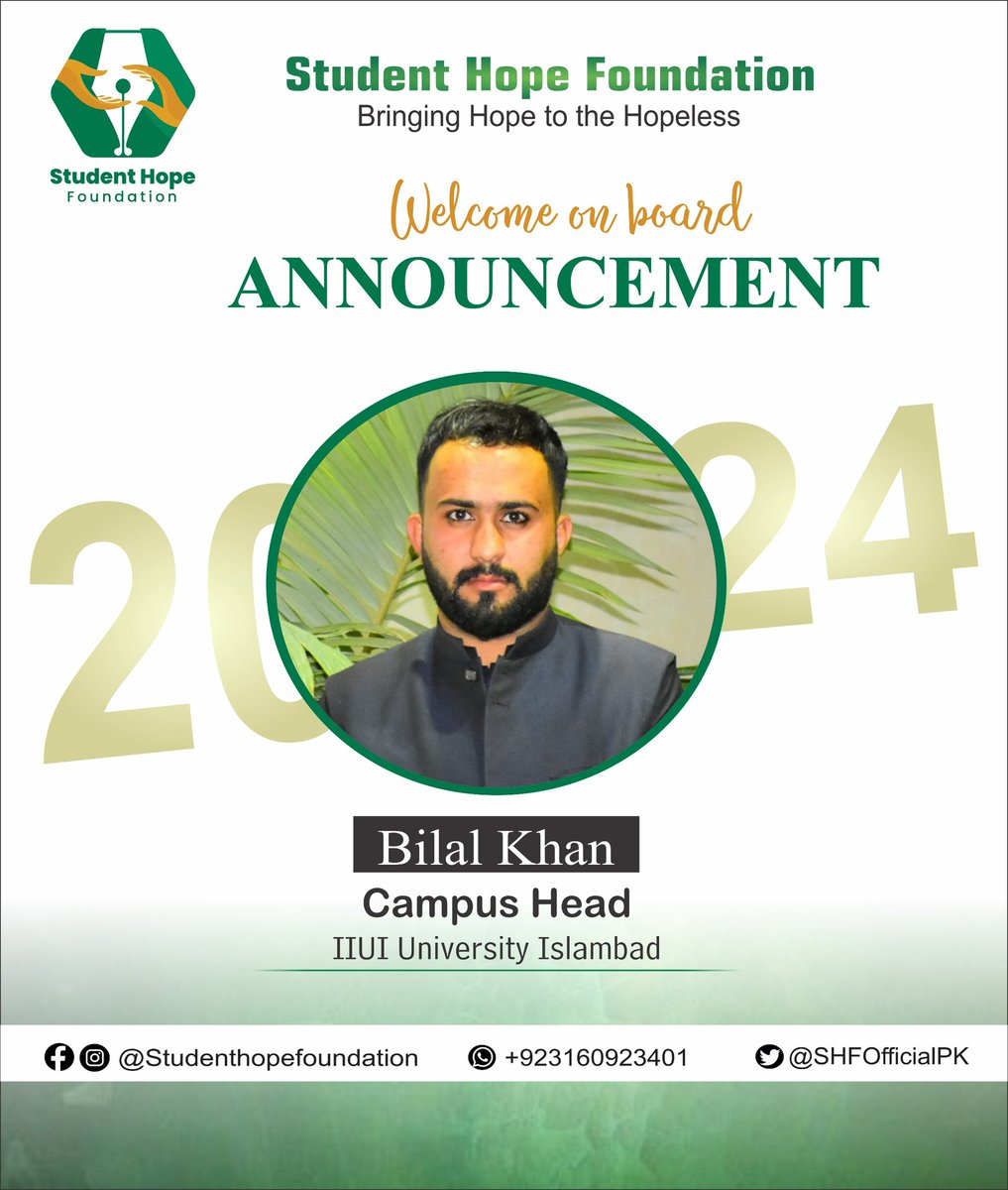 SHFOfficialPK's tweet photo. Congratulations, Mr. Bilal Khan, on your appointment as Campus Head of Islamic International University Islamabad.

Your skills and enthusiasm will undoubtedly be a valuable asset to your campus team. We are confident that the institution will thrive under your leadership. https://t.co/GfWUZWgfj4