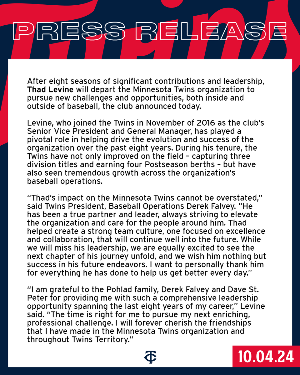 Twins's tweet photo. We have announced the following Baseball Operations change: https://t.co/asCOBVvGwr