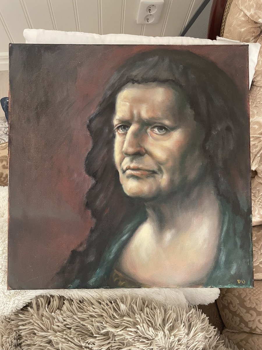 Här kommer ett litet fredagsquiz. Jag försökte måla den här karaktären som Mona Lisa (därför har hen inga ögonbryn).  <a href="/ChangFrick/">Chang Frick</a> hade väldigt svårt att gissa vem det är, så jag frågar er nu 😁
PS den är till salu, ifall någon vill ha den 1300 kr inkl frakt, 40x40 cm, olja på duk