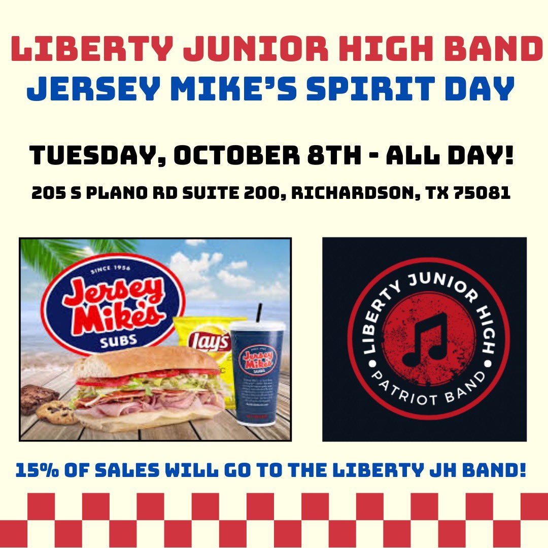 Marco P. Samperio (@mp_samperio) on Twitter photo On Tuesday, 10.08.24, the LJH Band Program will be having a Spirit Day at Jersey Mike's located at 205 S Plano Rd Suite 200, Richardson, TX 75081. We will receive 15% of ALL SALES of the entire day! <a href="/ljhpatriots/">Liberty Junior High School</a> <a href="/RichardsonISD/">Richardson ISD</a> On Tuesday, 10.08.24, the LJH Band Program will be having a Spirit Day at Jersey Mike's located at 205 S Plano Rd Suite 200, Richardson, TX 75081. We will receive 15% of ALL SALES of the entire day! <a href="/ljhpatriots/">Liberty Junior High School</a> <a href="/RichardsonISD/">Richardson ISD</a>