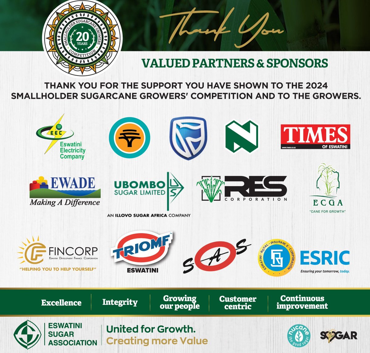 EswatiniSugar's tweet photo. Eswatini Electricity Company @FNBEswatini @StandardBankSZ @NedbankEswatini @TimesofEswatini Eswatini Water and Agricultural Development Enterprise Ubombo Sugar Limited RES Corporation Eswatini Cane Growers Association FINCORP TRIOMF Eswatini Agricultural Supplies ESRIC👏🏽👏🏽👏🏽 https://t.co/51kkkzzbBi