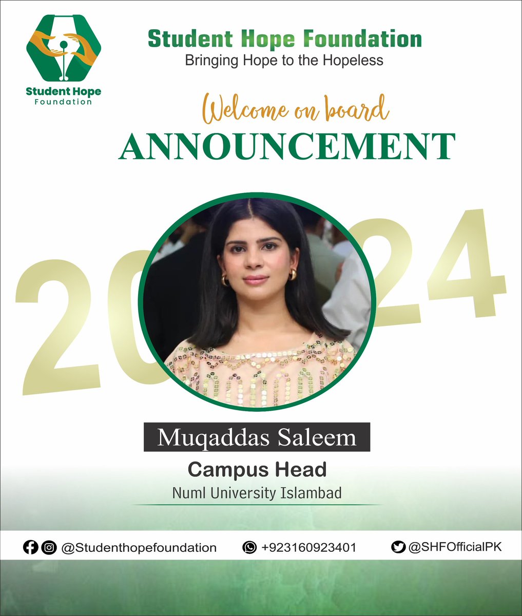 SHFOfficialPK's tweet photo. Congratulations, Ms. Muqaddas Saleem, on your appointment as Campus Head of NUML Islamabad.

Your skills and enthusiasm will undoubtedly be a valuable asset to your campus team. We are confident that the institution will thrive under your leadership and wish you great success. https://t.co/KrEvIGFP2R