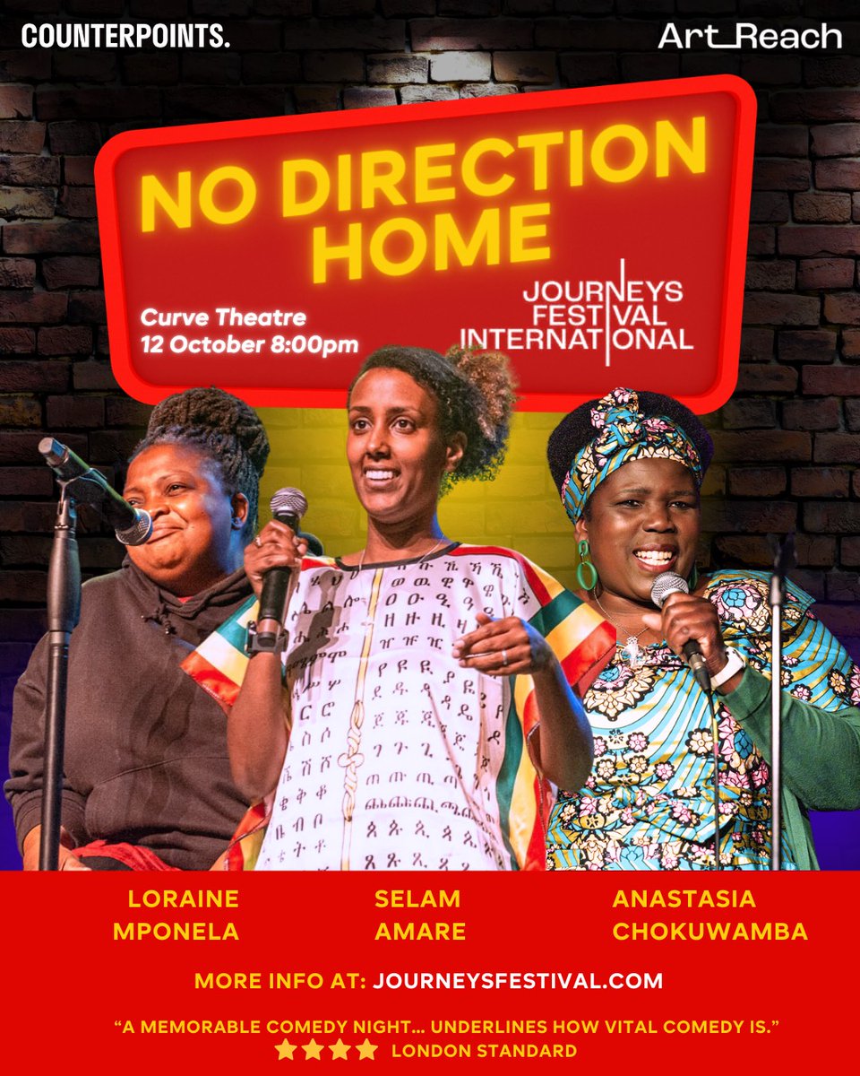 _ArtReach's tweet image. What better way to end Saturday 12 October at #JourneysFestival2024 than with some laughs at @CurveLeicester? 
Join the hilarious No Direction Home team from @CounterArts for a comedy night to remember! artreach.org.uk/journeys-festi…