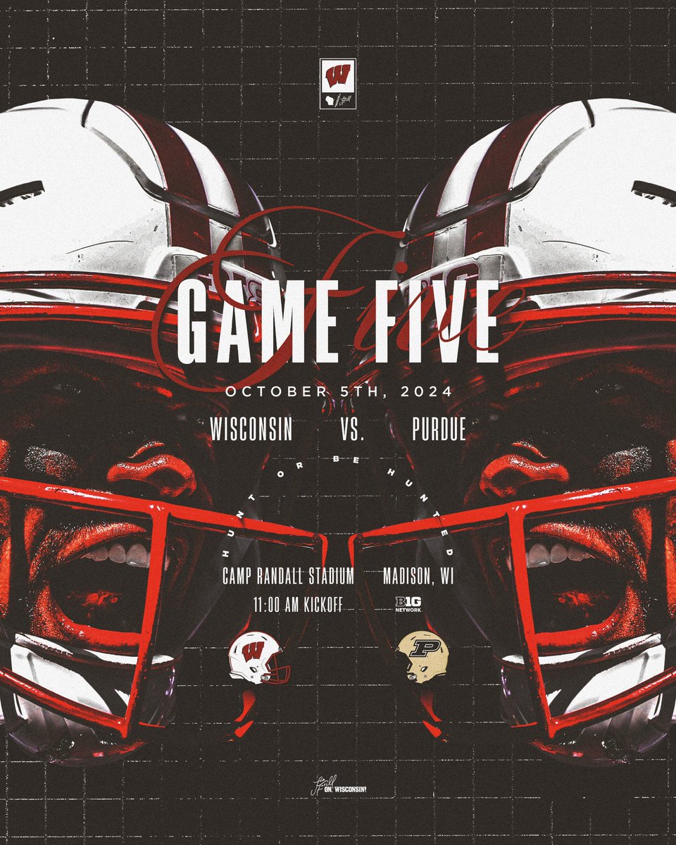 Wisconsin Football (@badgerfootball) on Twitter photo ๐ฉ๐๐
๐๐๐๐ ๐๐. ๐ฉ๐๐๐๐๐๐๐๐๐๐๐
Game 05 vs. Purdue
Saturday, Oct. 5
11 AM CT on Big Ten Network
#OnWisconsin ๐ฉ๐๐
๐๐๐๐ ๐๐. ๐ฉ๐๐๐๐๐๐๐๐๐๐๐
Game 05 vs. Purdue
Saturday, Oct. 5
11 AM CT on Big Ten Network
#OnWisconsin