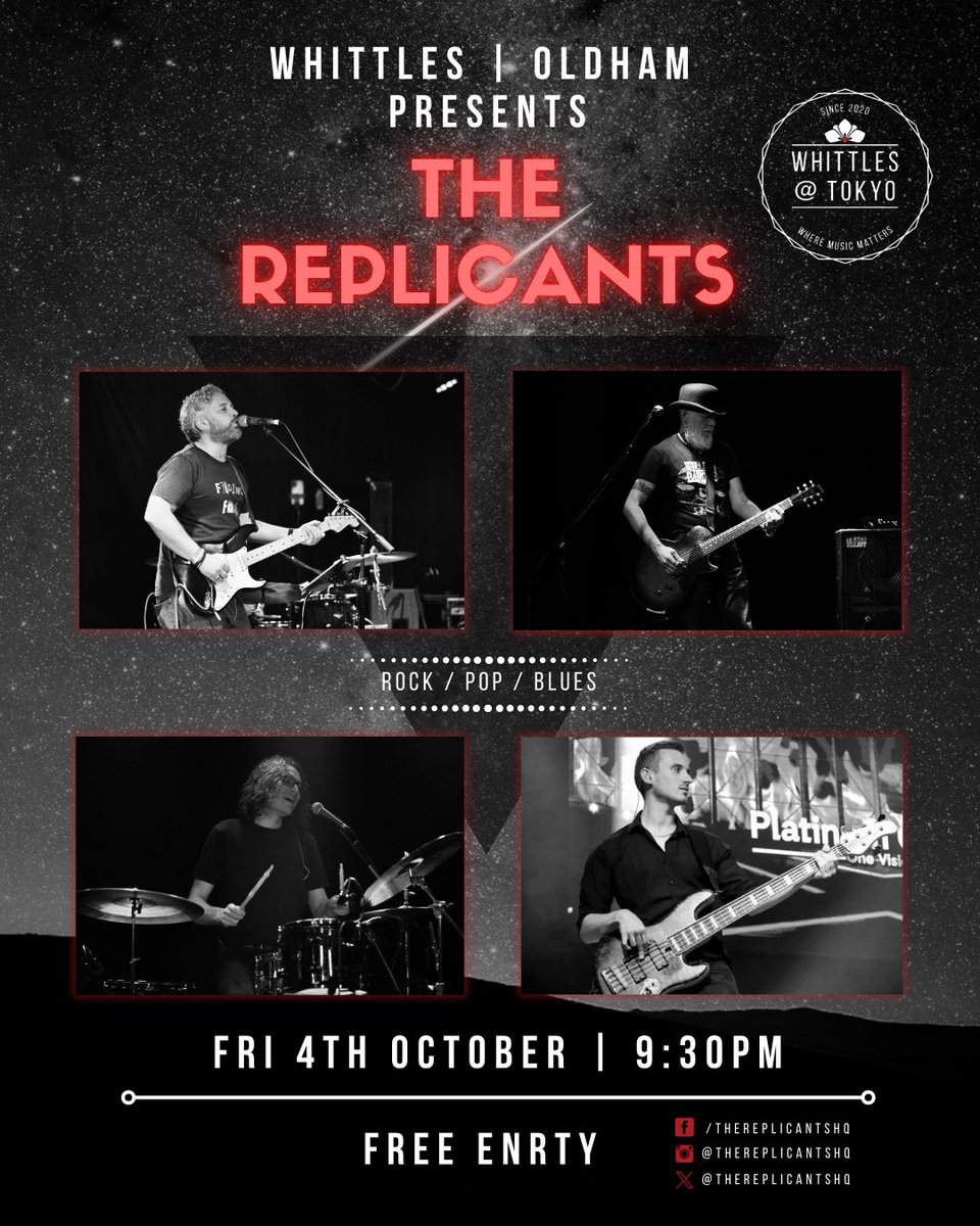 TONIGHT we play our last local show of 2024! Come and join <a href="/TheReplicantsHQ/">The Replicants</a> <a href="/whittlesoldham/">Whittles Live Venue</a> 9:30pm Free Entry! 🎸🍻🤘🏻 #livemusic #oldham #Friday_Motivation #Rock #Blues #Pop