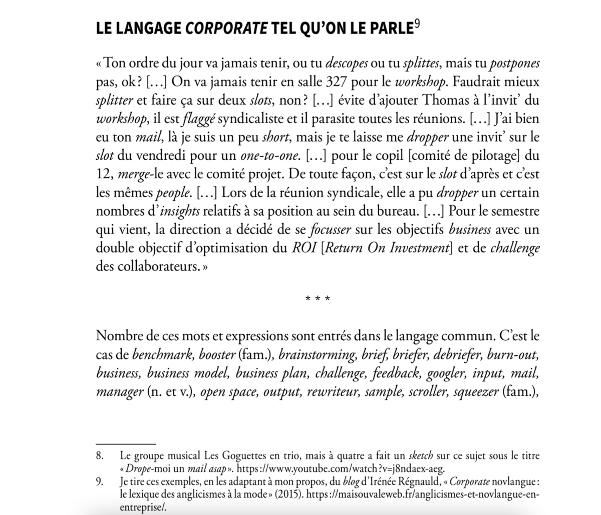MaisOuVaLeWeb's tweet photo. Je découvre un bouquin qui a l'air très sérieux « Le naufrage du français, le triomphe de l'anglais : enquête » de Lionel Meney (docteur ès lettres, linguiste et lexicographe, Sorbonne / ENS), qui reprend un article de blog de... 2015, sur la novlangue managériale ! https://t.co/krEjqPcaG5