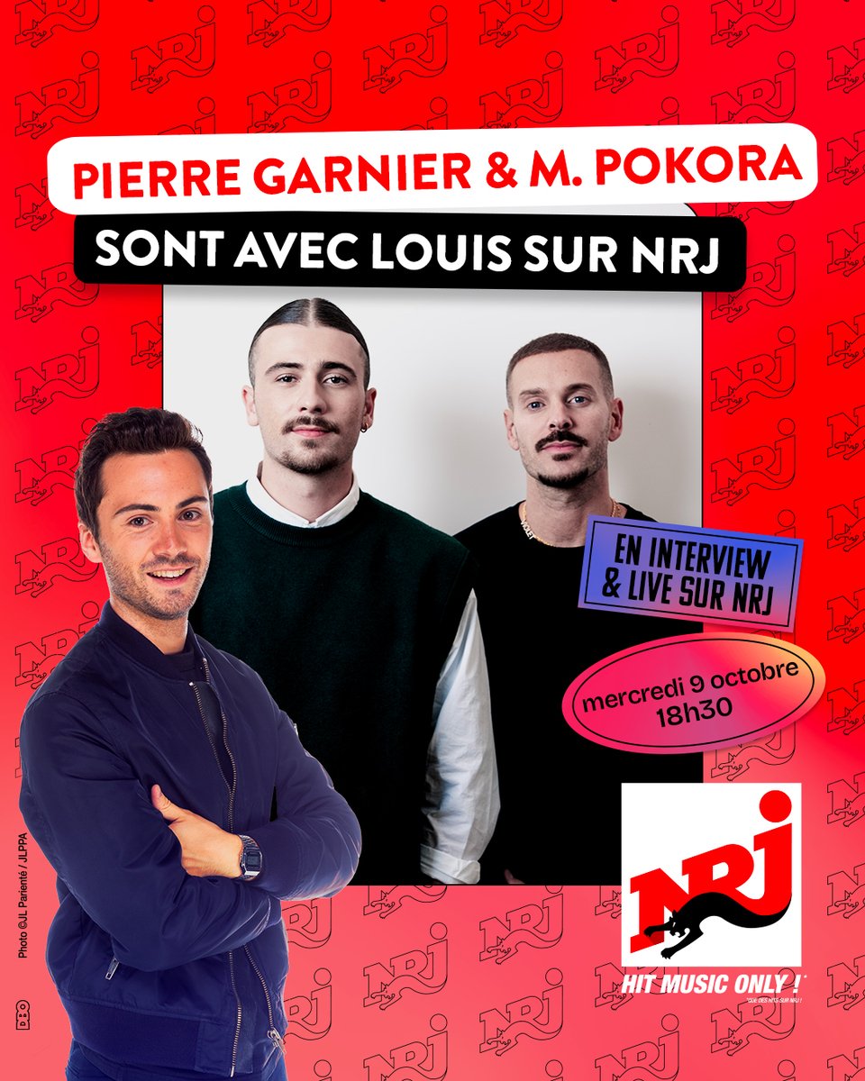 NRJhitmusiconly's tweet photo. 🔴 Mercredi 9 octobre à 18h30, Pierre Garnier &amp; M. Pokora seront en interview et en live sur NRJ ! Qui veut assister à l'émission ? 😍

Pour participer : 
👉 Follow @NRJhitmusiconly
👉 Like et RT cette publication
👉 Commente avec la question que tu aimerais leur poser 👀 https://t.co/XLOkLQ4pI7