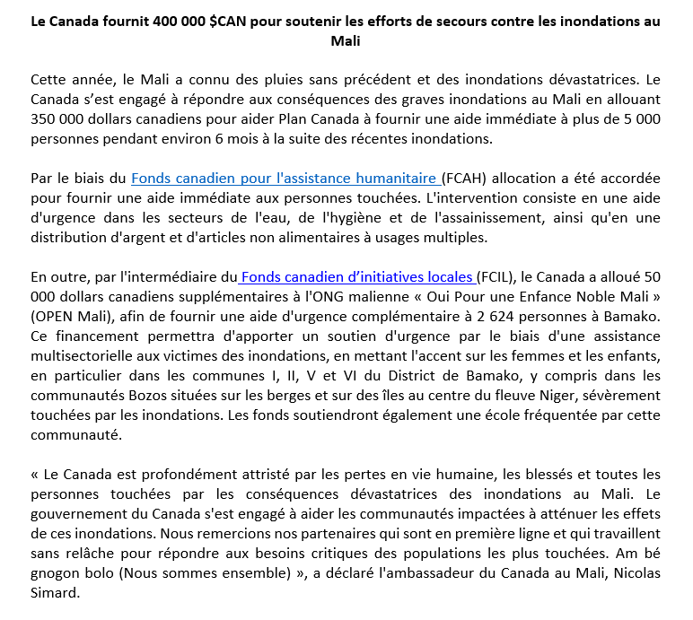 AmbCanMali's tweet photo. En réponse aux conséquences des graves inondations au Mali, le Canada a alloué, via le FCAH & le FCIL 400 000 $CAD, à @PlanCanada et @open_mali pour apporter une assistance d’urgence à plus de 7 000 personnes victimes des inondations au Mali. #PlanCanada #FCILHumanitaire #FCAH https://t.co/0GiRUSh24a