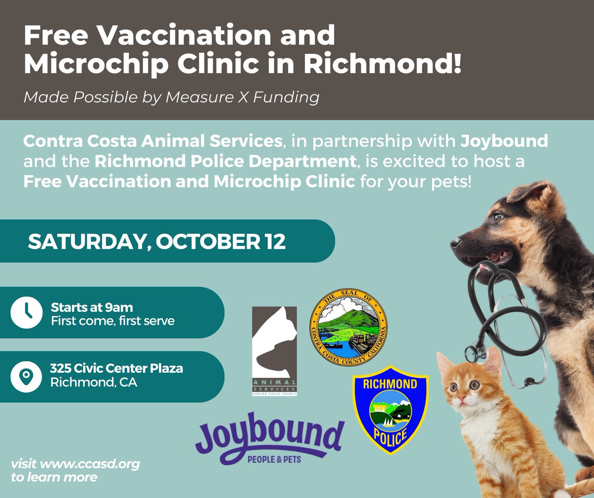 Let’s love and support our precious pets! 🐶free vaccination and microchip clinic in Richmond on October 12. <a href="/CCAnimalSrvs/">Contra Costa Animal Services</a> <a href="/CCCounty/">Contra Costa County</a> <a href="/CoCoHealth/">Contra Costa Health</a> <a href="/PetSmartChariTs/">PetSmart Charities®</a> <a href="/roberthrogers1/">Robert Rogers</a>