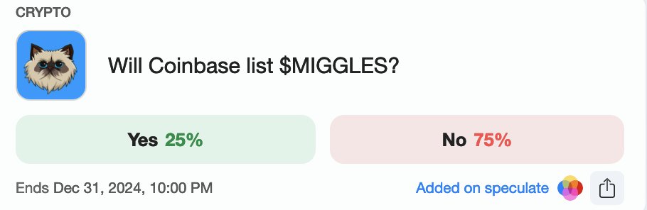SpecMarkets's tweet image. Coinbase just listed $DEGEN

Is $MIGGLES next?
