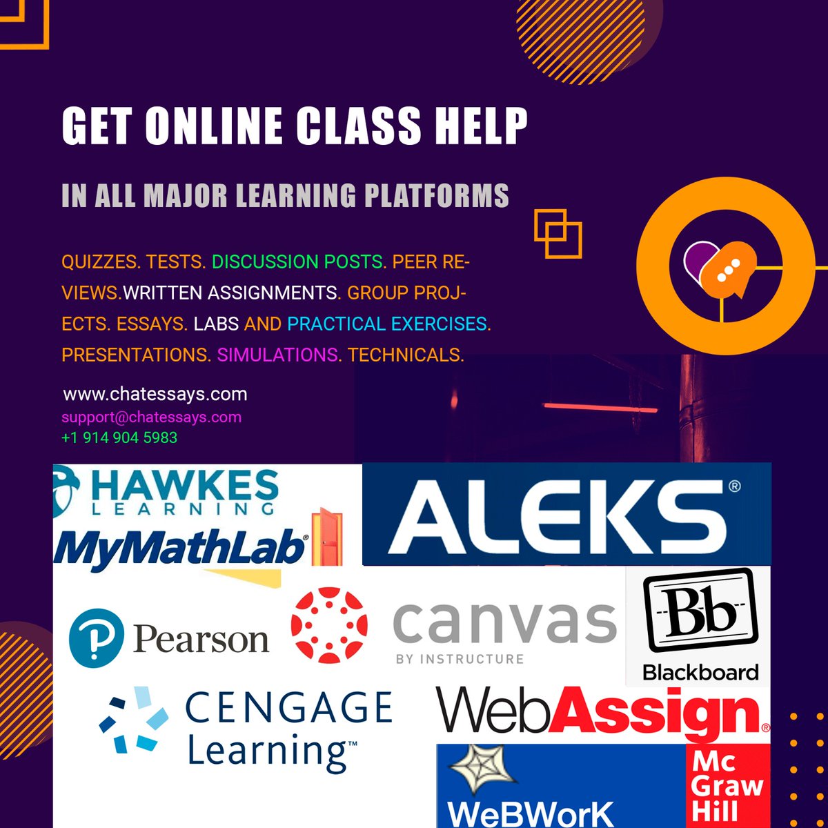 ChatEssays's tweet image. Get online class help from professionals tutors at ChatEssays.com. We will help you ace your discussion posts, quizzes, tests, exams, labs, reports, peer reviews, and all other coursework needs you may have.

#onlineclass #canvasassignments #aleksassignments #cengage