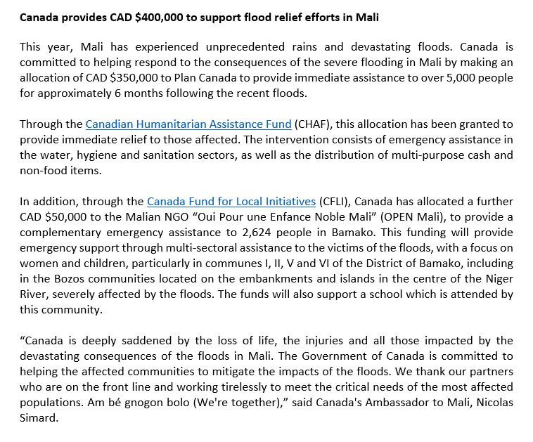 CanEmbMali's tweet photo. In response to the consequences of the severe flooding in Mali 🇲🇱, Canada 🇨🇦 has allocated, via the CHAF & FCIL $400,000 CAD, to @PlanCanada and @open_mali to provide emergency assistance to more than 7,000 flood victims in Mali. #PlanCanada #FCILHumanitaire #CHAF https://t.co/18o1Rh2r8p