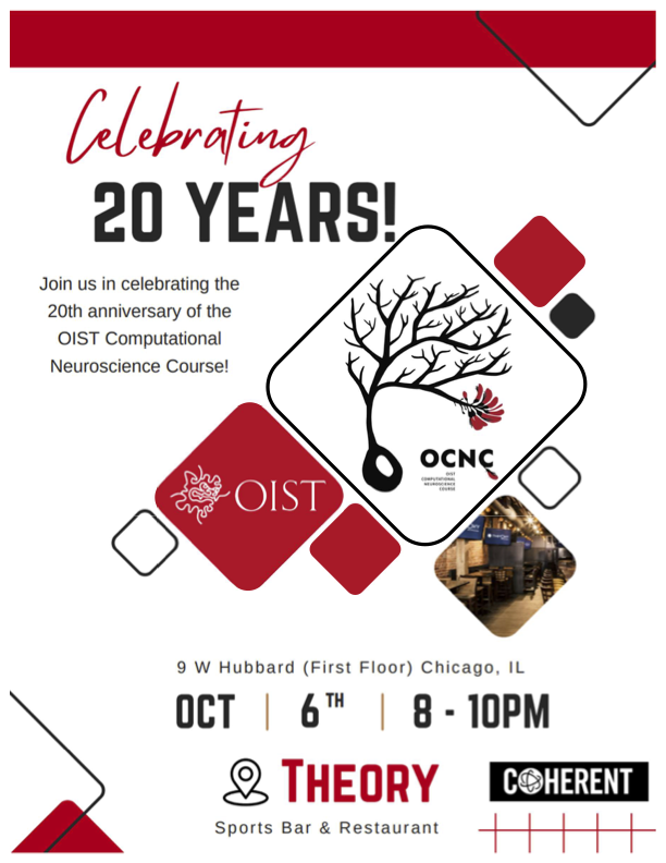 Justin Lines (@lines_jw) on Twitter photo Hello <a href="/SfNtweets/">Society for Neuroscience (SfN)</a> and <a href="/SfN_Events/">Society for Neuroscience Events</a> !! Come celebrate the 20th anniversary of the <a href="/OISTedu/">Okinawa Institute of Science and Technology (OIST)</a> Computational Neuroscience Course during SFN 2024 in Chicago! Bring yourself and some friends! The event is on Sunday, October 6th from 8-10pm at Theory Lounge and Bar. Cheers! Hello <a href="/SfNtweets/">Society for Neuroscience (SfN)</a> and <a href="/SfN_Events/">Society for Neuroscience Events</a> !! Come celebrate the 20th anniversary of the <a href="/OISTedu/">Okinawa Institute of Science and Technology (OIST)</a> Computational Neuroscience Course during SFN 2024 in Chicago! Bring yourself and some friends! The event is on Sunday, October 6th from 8-10pm at Theory Lounge and Bar. Cheers!