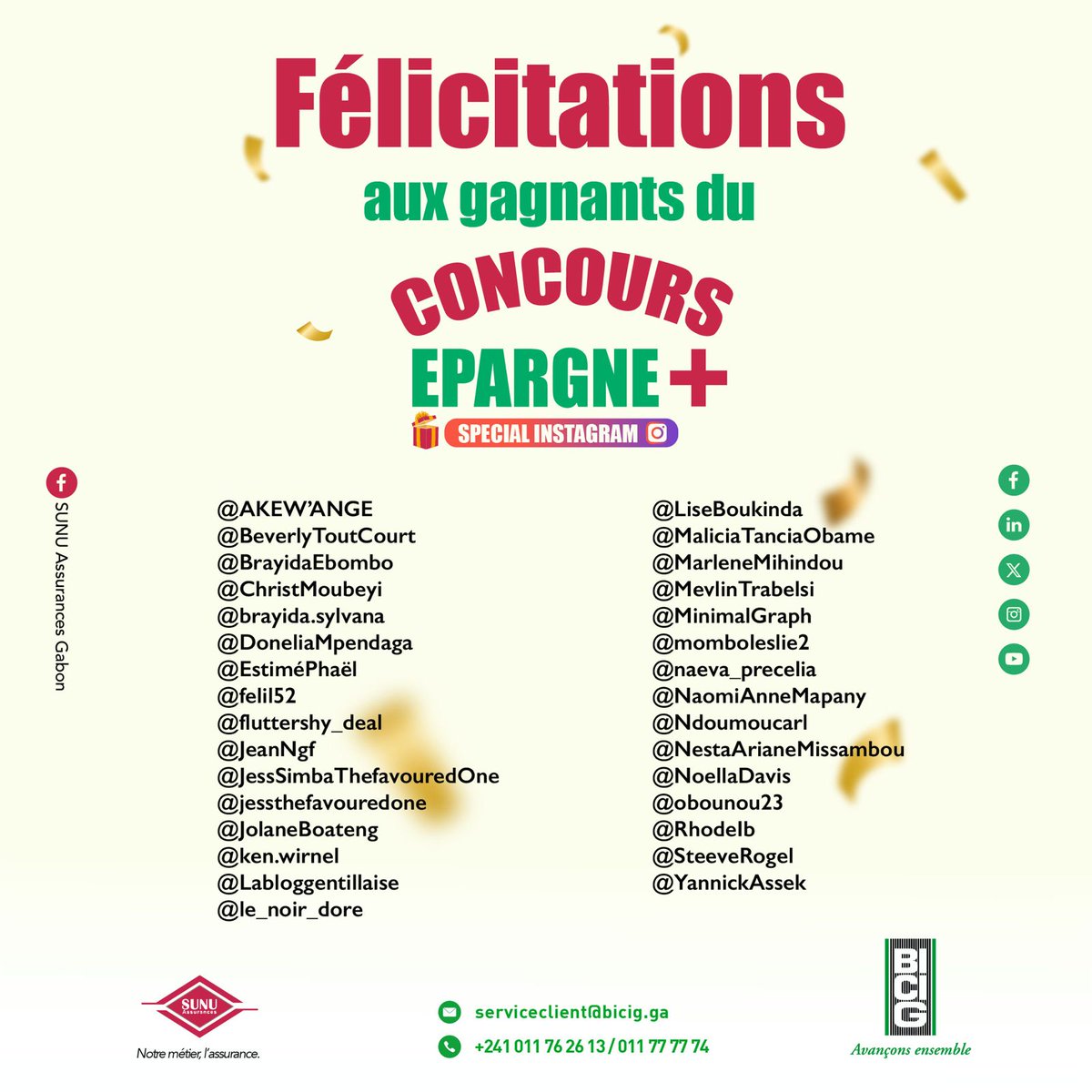 AFGBankGabon's tweet photo. Félicitation aux heureux gagnants de notre jeu concours Epargne + #SpécialInstagram.
Restez connectés sur nos plateformes pour plus de surprise avec #Epargneplus !
#BICIG #AFGHolding #AvançonsEnsemble #Epargne+ #JeuConcours #GrosLot #InstagramBICIG #Instagram #Gagnants https://t.co/LbdhB8DWDr