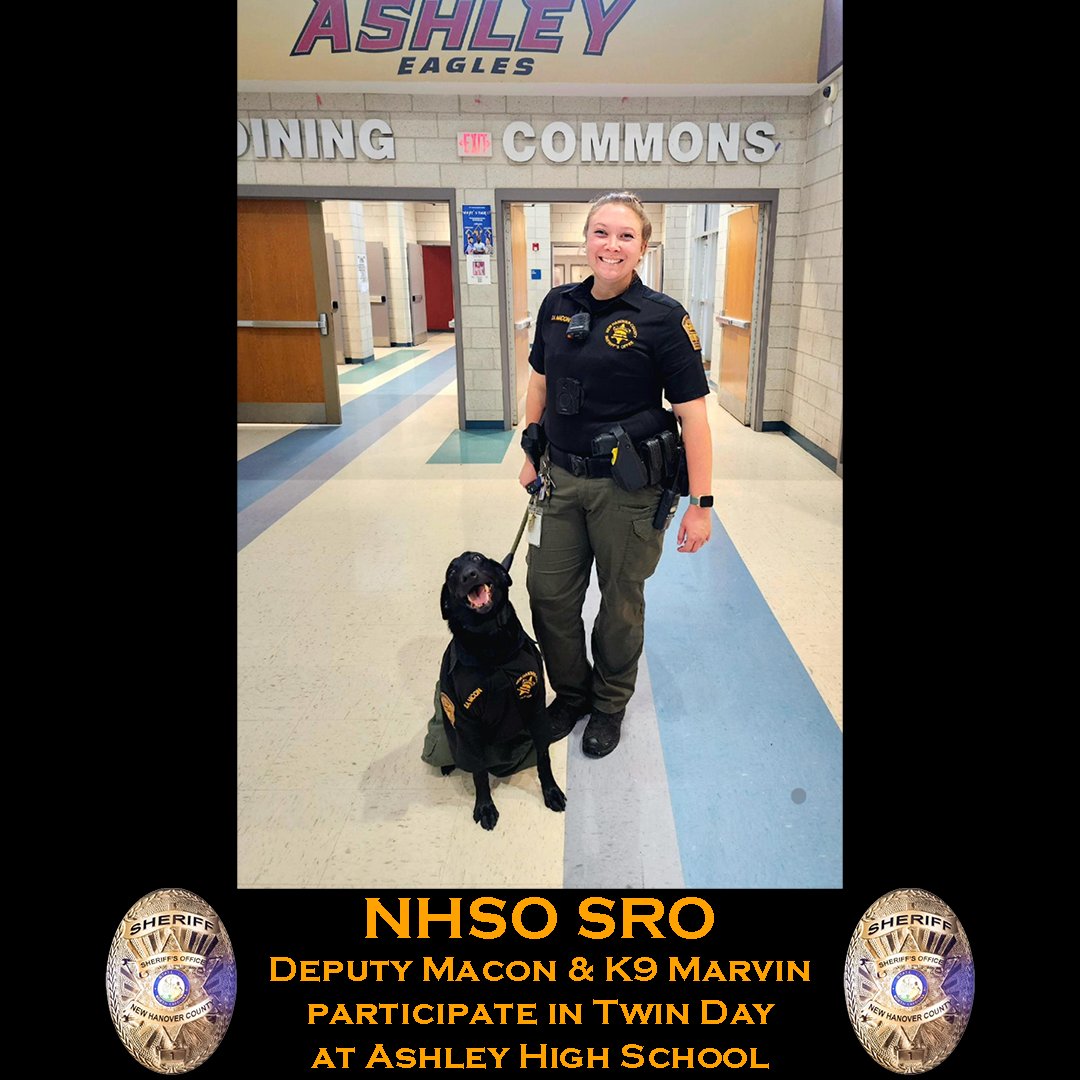 NewHanoverSO's tweet photo. #NHSOSRO Deputy Macon and K9 Marvin were twinning for Twin Day at Ashley High School! 🐾👮‍♂️ Double the fun and double the smiles! 

#TwinDay #K9Unit #SchoolSpirit #NHSO https://t.co/m3yAjSES4P