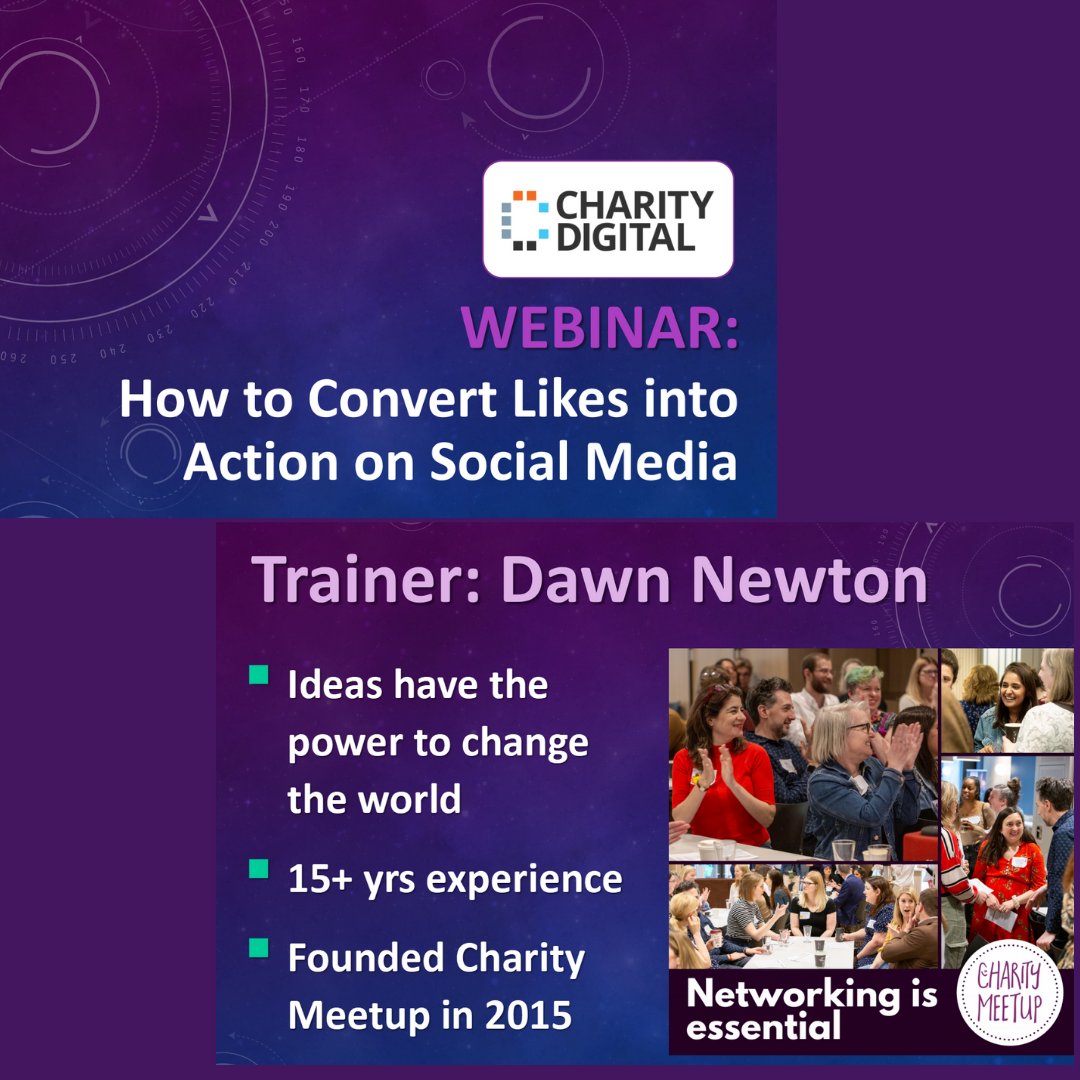 I'm looking forward to delivering this new webinar with <a href="/CharityDigital/">Charity Digital</a> next week, it's free for members to attend.
❤️ Webinar: How to convert likes into action on social media - Thurs 10 Oct 13:00

Book: lnkd.in/epdSd5_T

#socialmediahashtag#charitycomms