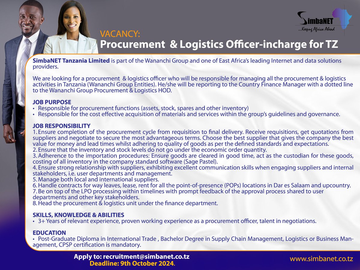 VACANCY:
We are looking Procurement &amp; Logistics Officer -Incharge for TZ
Deadline: 9th October 2024
.
Join our team, Apply NOW 
.
#simbanet #fiberinternet #vacancy #applynow #job #werehiring #business  #Tanzania #simbanet  #internet