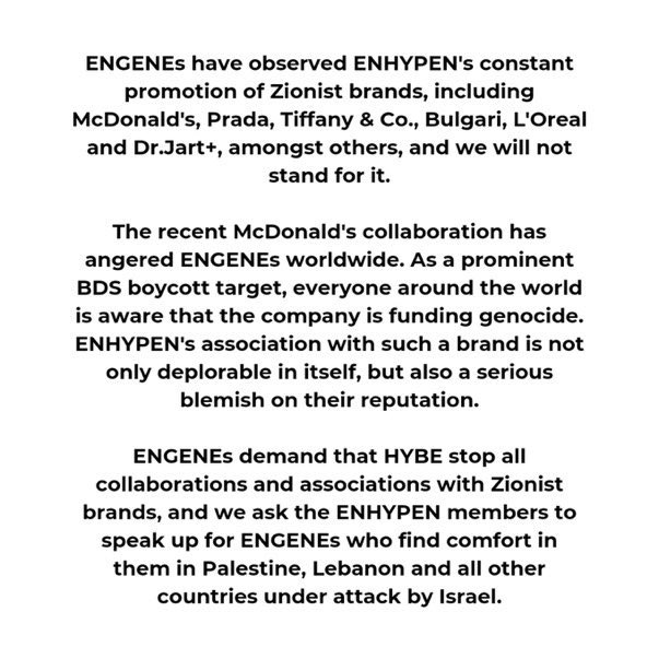 lidyawati1319's tweet photo. Engene's say no to zionis brand
#ENHYPENShoutOutForHumanity
#HYBEDivestFromZionism @HYBEOFFICIALtwt @ENHYPEN_members https://t.co/879D3L1CC4